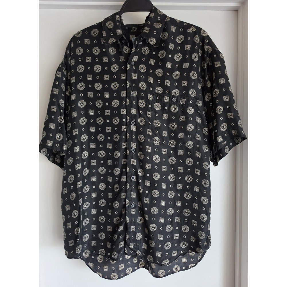 Silk Uomo Men Short Sleeve Shirt M Black Geometric Vintage Button-Up